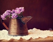 Fine Art Photograph, Still Life Photo, Copper Watering Can, Purple Statice Flowers, Vintage Doily, Small 4x6 Print