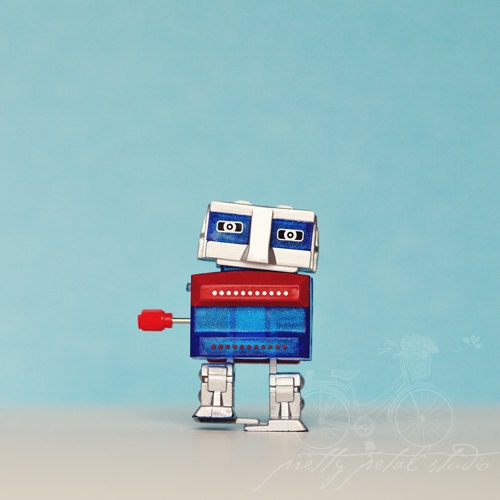 Retro Fine Art Photograph, Wind Up Toy, I Am A Robot, Boys Room, Nursery Art, Whimsical, Red, Blue, Vintage Feel, Square 5x5 Print