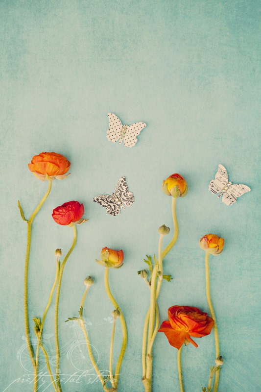 Abstract Fine Art Photograph, Mixed Media Garden, Paper Butterflies, Red Orange Ranunculus, Summer, Home Decor, Floral Art, 8x12 Print