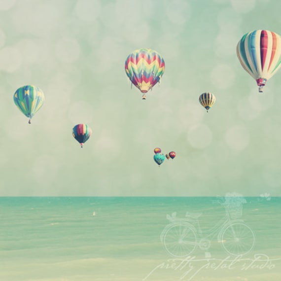 Abstract Fine Art Photograph, Hot Air Balloons, Sky  and Sea, Vintage Teal Tones, Childrens Nursery Art, Whimsical Photo, Square 20x20 Print