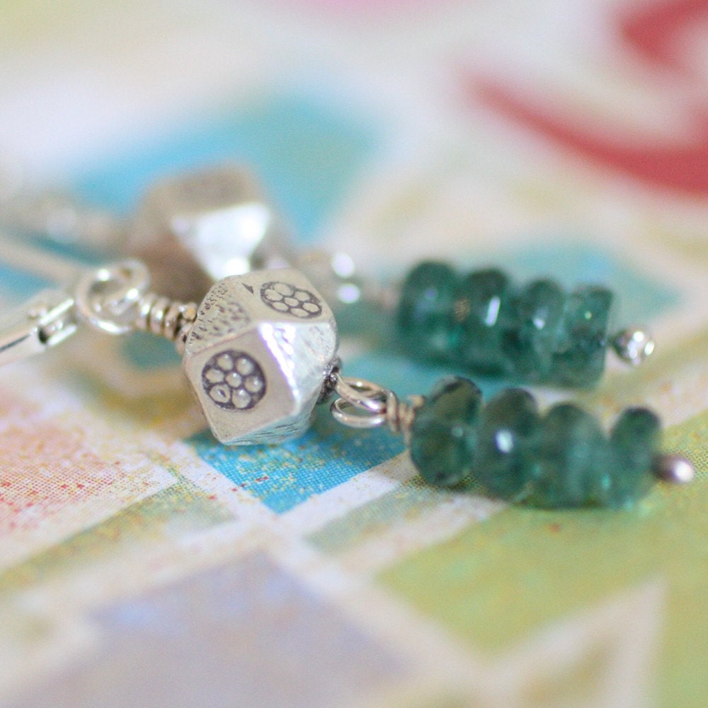 Green Apatite Gemstone Dangle Earrings With Flower-Stamped Octagon Thai Silver