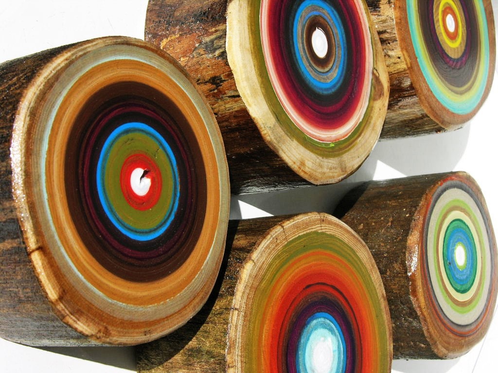 Five Original  Modern Tree Ring Paintings on Wood