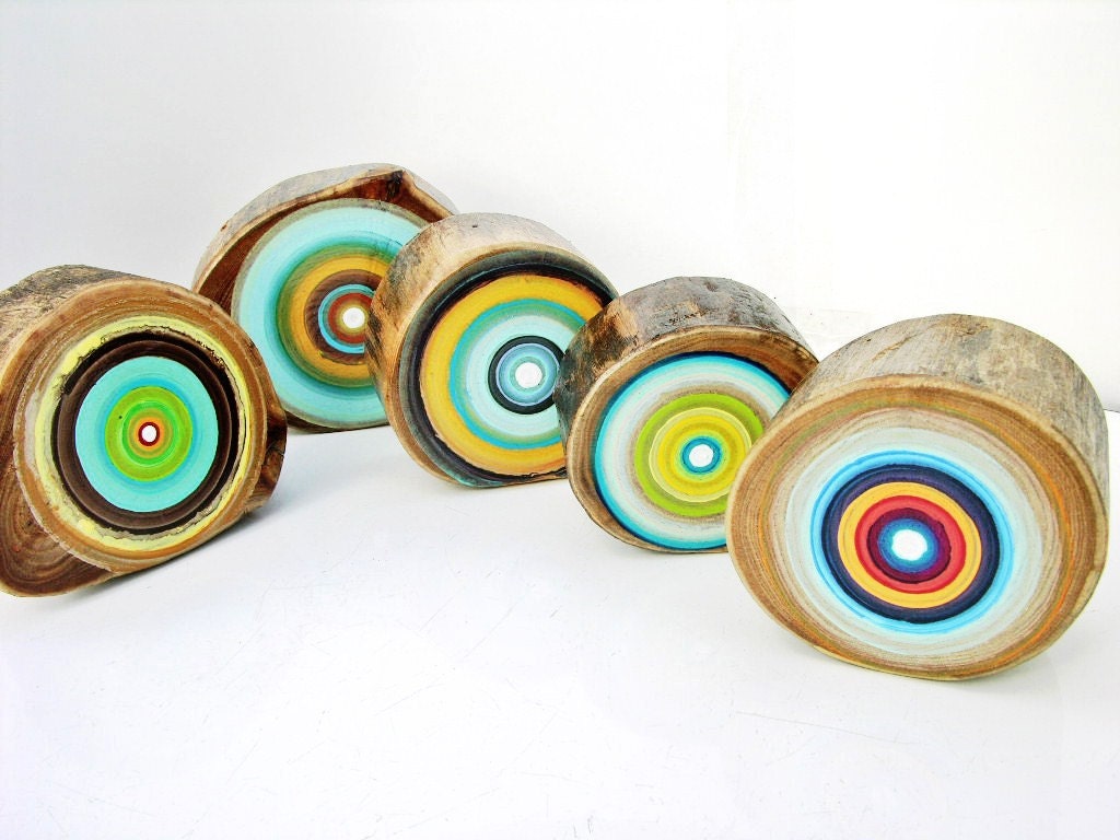 Set of Five Original Abstract Tree Ring Paintings with a Touch of Modern