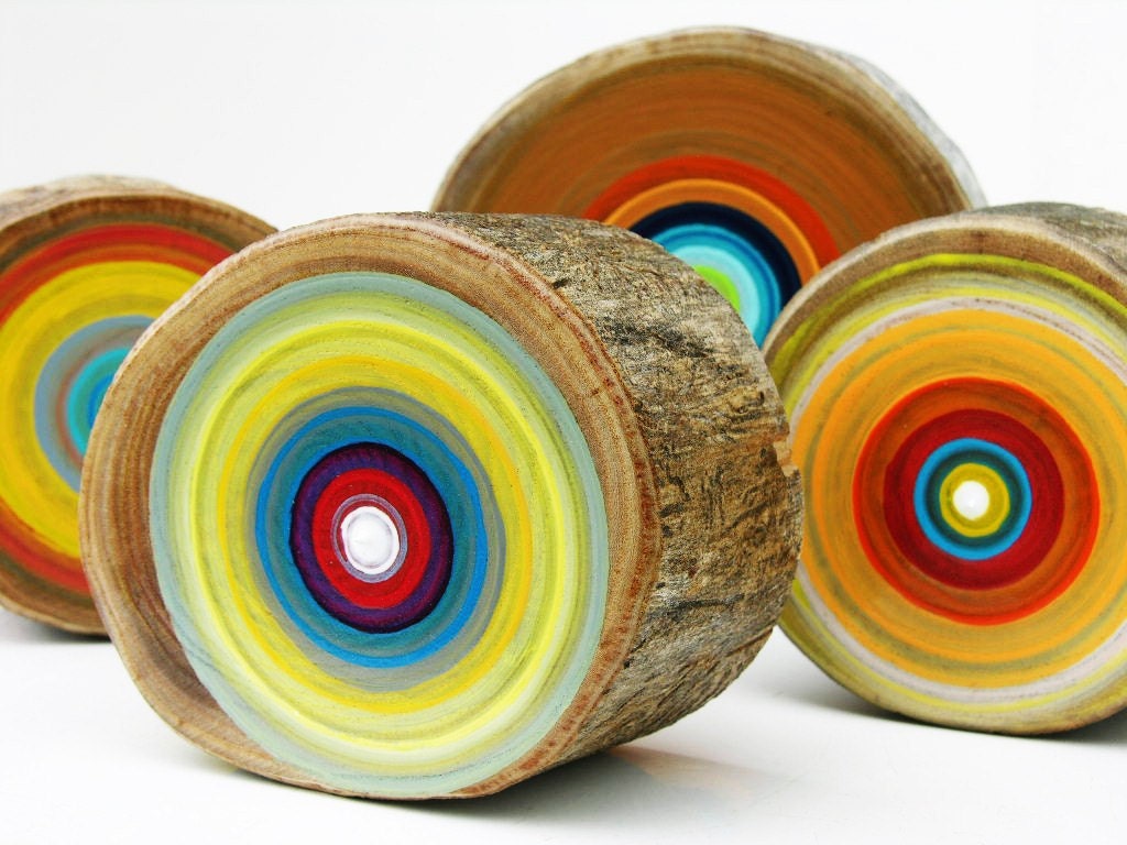 Set of Five Colorful Circle Paintings on Repurposed Wood for Your Apartment or Home Painted Tree Ring Art Tracy Melton