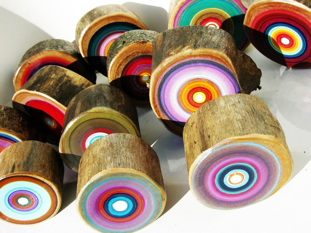mid century rustic modern Tree Rings painting on reclaimed beautiful Red Elm fifth anniversary gift on wood