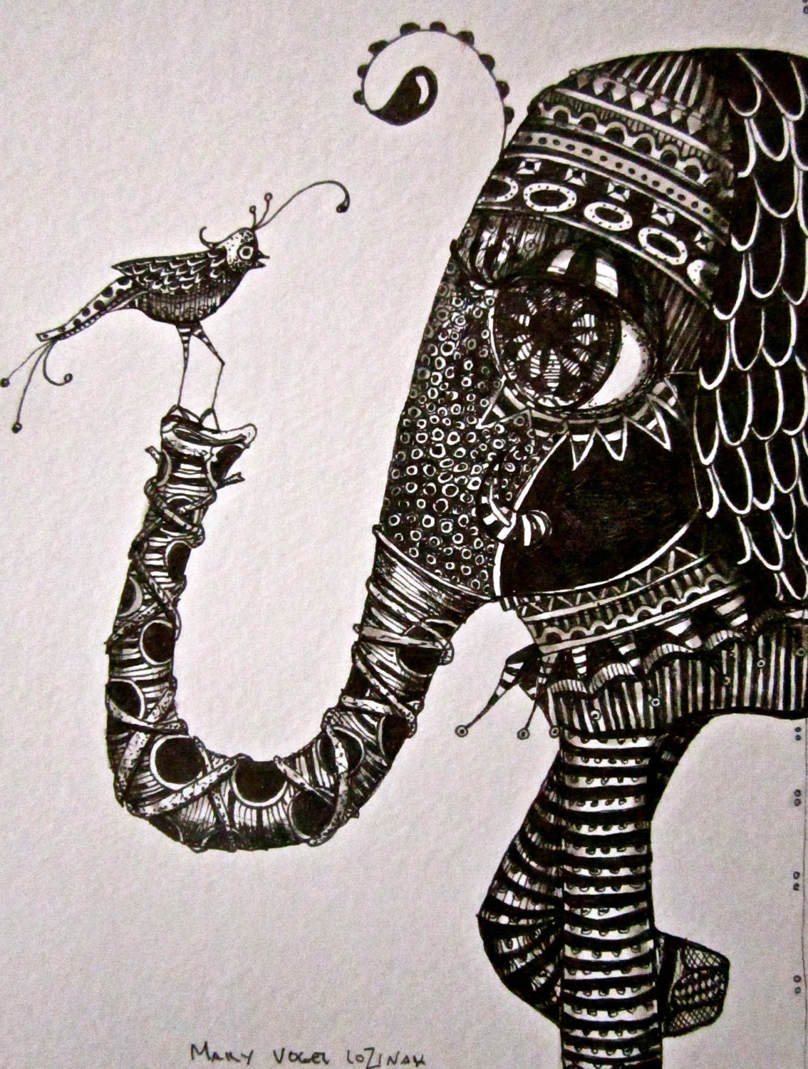 Illustration elephant and bird Art Prints by Mary Vogel Lozinak      srajd zentangle zen tangle 10x14 tateam EUC team