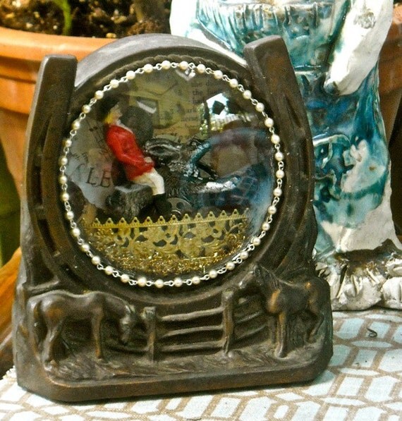 Equestrian Horse Jumper Shrine  Vintage parts  Steampunk Assemblage Table Art  ZNE  Mary Vogel Lozinak