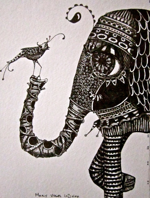 Illustration elephant and bird Art Prints by Mary Vogel Lozinak      srajd zentangle zen tangle 10x14 tateam EUC team