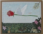 SALE - Whimsical Mosaic Wall Art - On the Wings of Spring featuring Red Rose