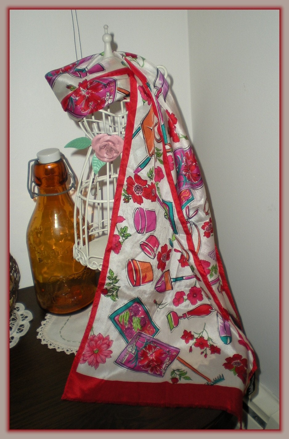 Vintage Oscar De La Renta SILK scarf garden theme FLOWERS seeds pots