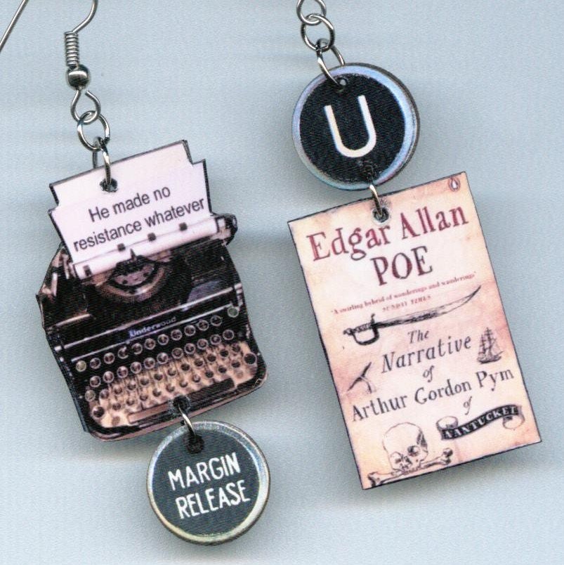 Edgar Allan Poe Earrings Arthur Gordon Pym quote vintage Typewriter