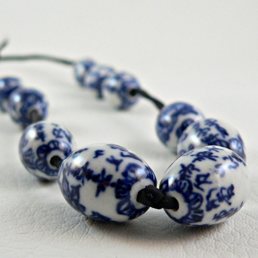 Porcelain Beads on Black Silk necklace, bead necklace, porcelain necklace, classic (no. 308)