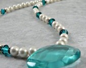 SALE - Necklace -- Aqua-Blue Crystal and Shell Pearl  (no. 640) Marked down from 34.00