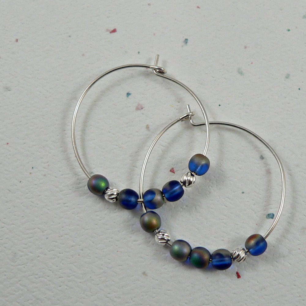 Blue and Silver Hoop Earrings, Women's earrings, silver earrings, beaded
