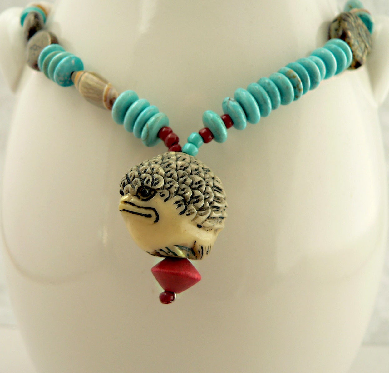 Carved Bird Ojime Mixed Bead and Chain Necklace, Eclectic Necklace, Turquoise necklace (no. 747)