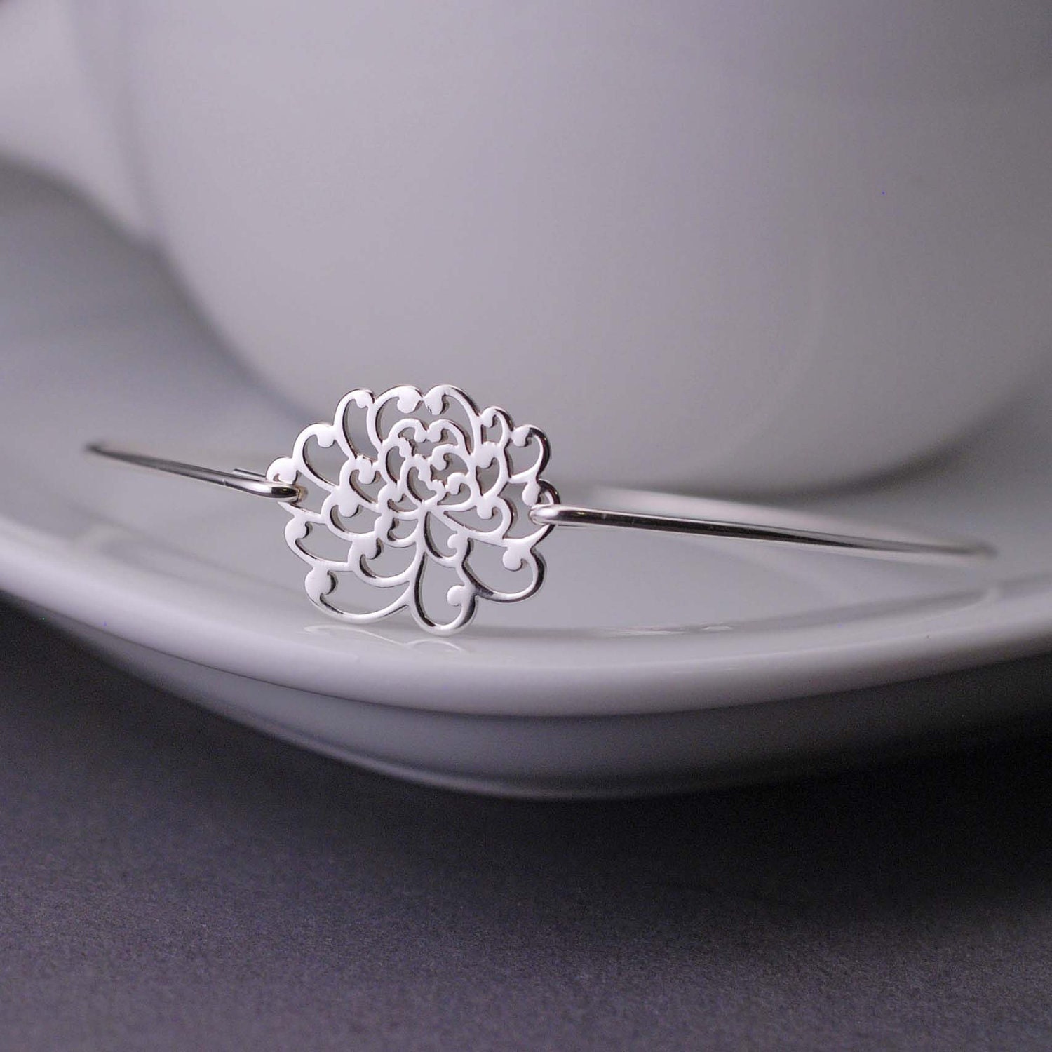 Silver Bangle Bracelet, Sterling Silver Bangle Bracelet,  Chrysanthemum Flower Bracelet, Friend Gift Idea
