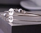 Bridesmaid Gift, 2 sets, Personalized Initial Charm Jewelry, Grey Pearl Bangle Bracelet Set