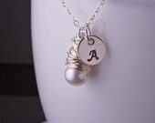 Initial Necklace, Personalized Jewelry, Sterling SIlver Initial Charm Necklace, Bridesmaid Jewelry, Pearl Necklace Gift
