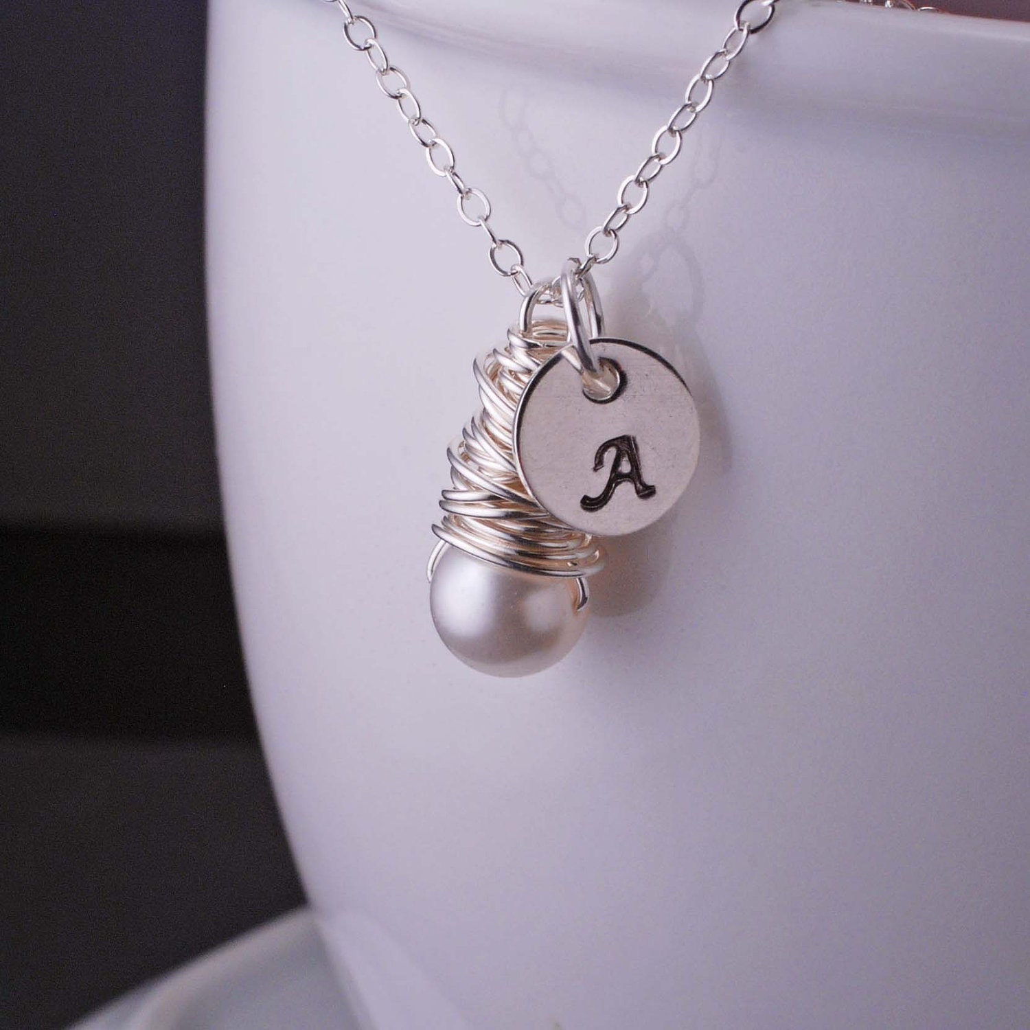 Initial Necklace, Personalized Jewelry, Sterling SIlver Initial Charm Necklace, Bridesmaid Jewelry, Pearl Necklace Gift