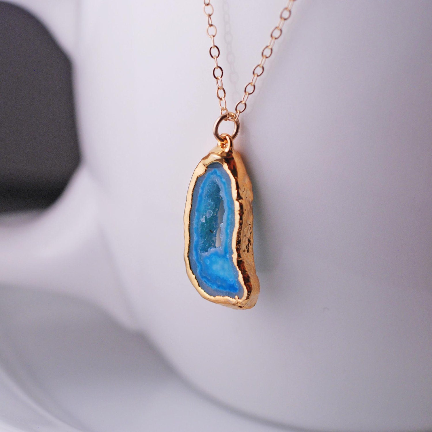 Druzy Crystal Jewelry, Agate Slice Necklace, Gold Druzy Agate Necklace, Blue Agate Necklace
