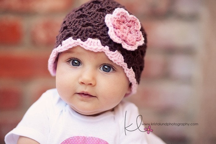 Baby Hat, Newborn Hat, Crochet Baby Hat, Girly Girl Newborn Baby Hat in Chocolate Brown Color, Crochet Photography Prop, READY TO SHIP
