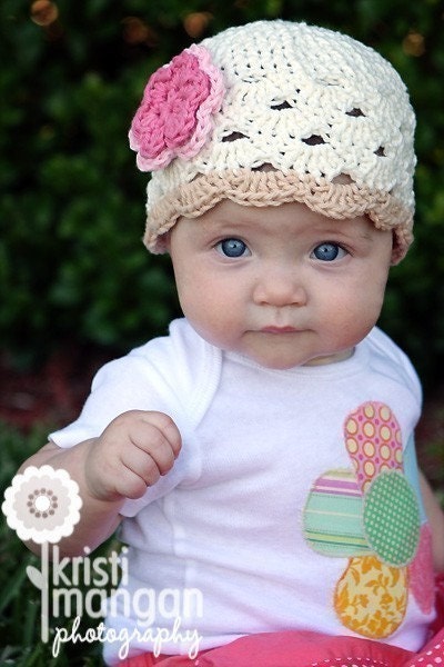 Baby Hat, Baby Girl Crochet Hat, Toddler Crochet Beanie Hat, Eggshell and Pink, Cotton Crochet Hat, MADE TO ORDER