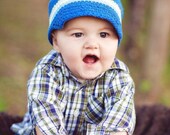 New 6-12 Month Crochet Visor Beanie With Flower - delft blue, light blue, eggshell, celery