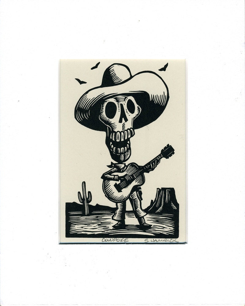 Skeleton Cowboy Cowpoke Card matted and ready to frame