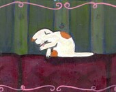cleaning cat white on couch acrylic painting portrait burgundy green