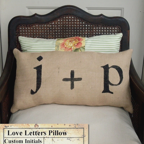 Love Letters - Burlap Pillow - Feedsack Style - Personalize with you and your sweetie's initial - Custom Monogram Pillow
