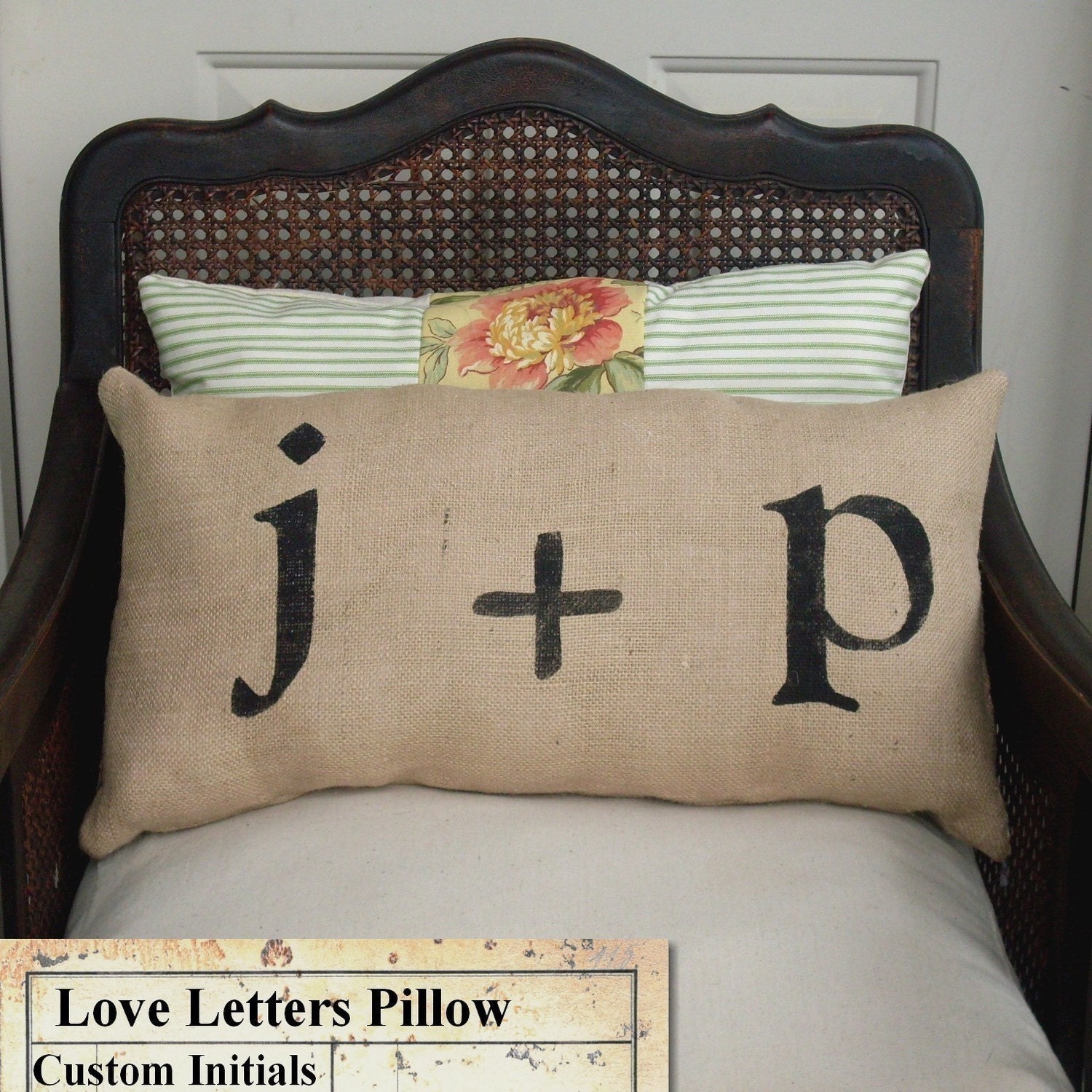 Love Letters - Burlap Pillow - Feedsack Style - Personalize with you and your sweetie's initial - Custom Monogram Pillow