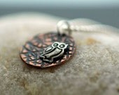 Large Owl Necklace on Rustic Copper - Sterling Silver Ball Chain Included