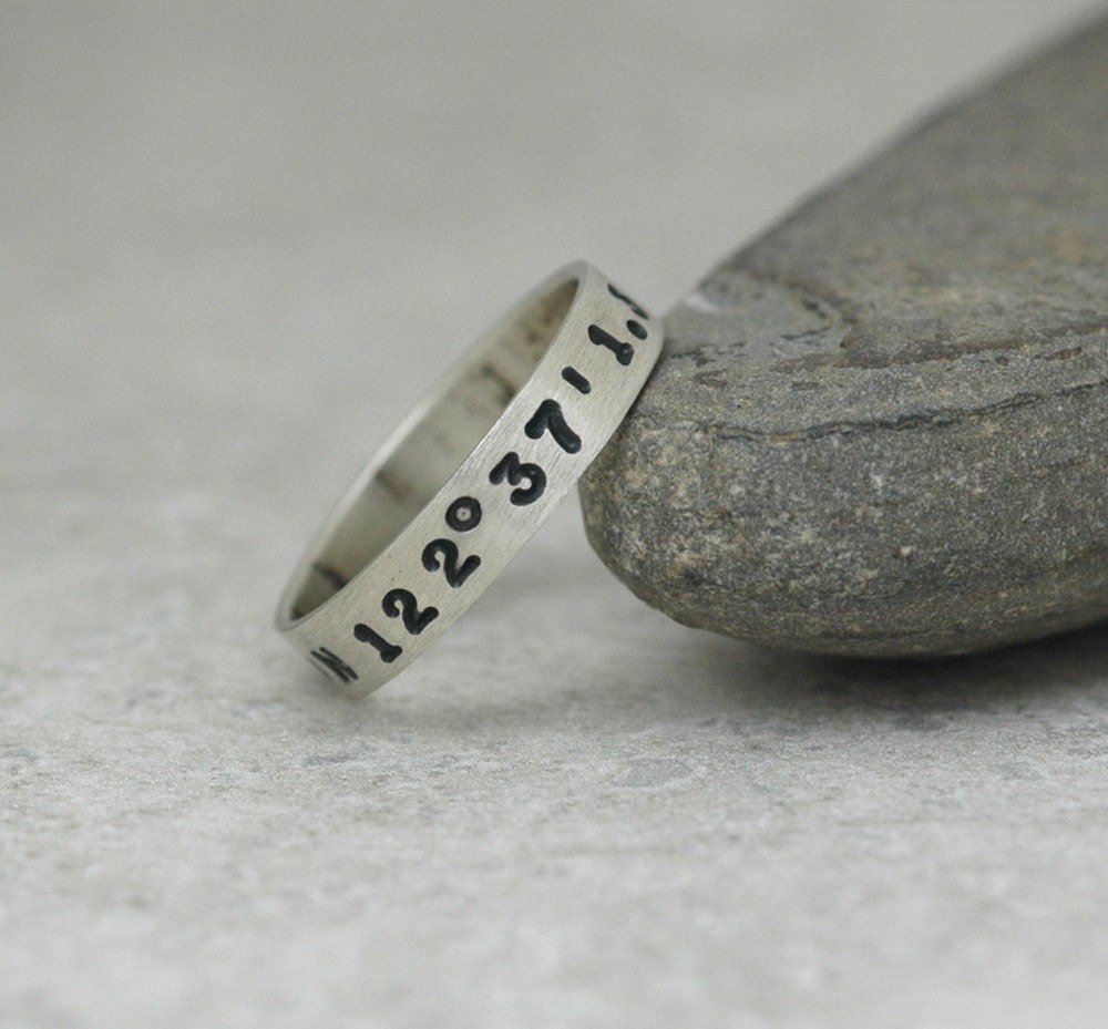 Custom Hand Stamped Sterling Silver Latitude and Longitude Ring Set - Narrow Bands