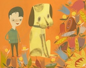 Herman and Ellwood on their daily walk happen upon the first spring flowers. 16x20 Limited edition  print by Matte Stephens.