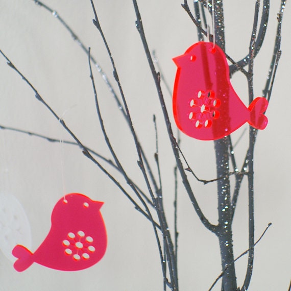 2 Birds - in neon red transparent lasercut plexiglas / perspex plastic