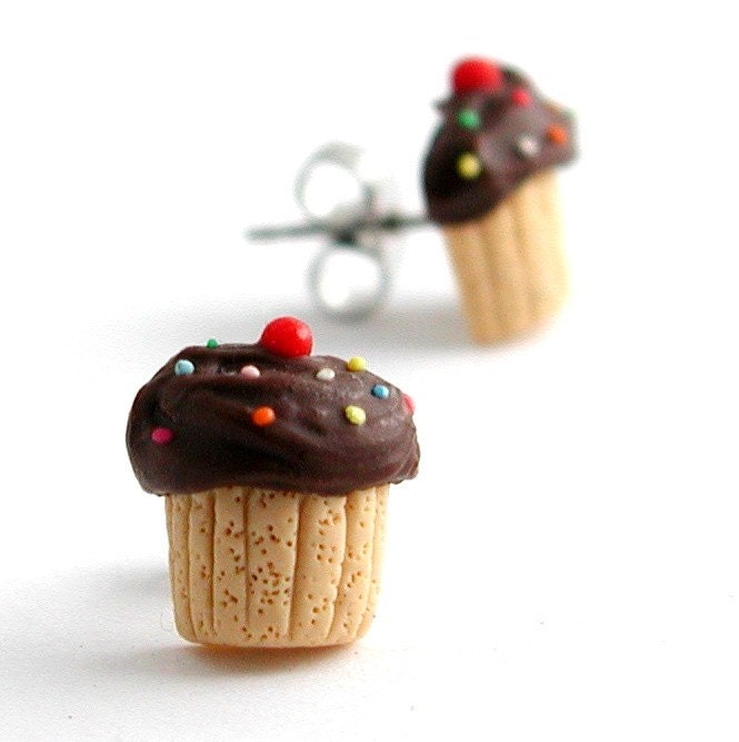 Chocolate sprinkle vanilla cupcake stud earrings