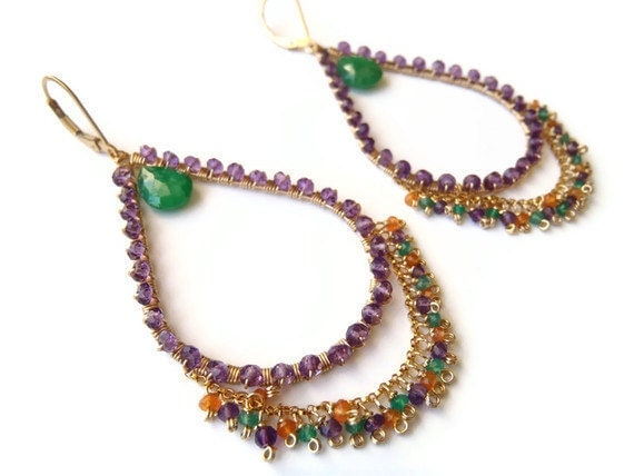 SALE Emerald, green quartz, carnelian, amethyst earrings