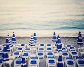 Azure - Beach photograph - Blue and white umbrellas in Nice, Cote D'Azur, France - Whimsical art print