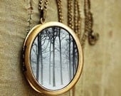 SALE - Photo Locket - Ink and Snow - Oval Art Locket - Grande Edition - Rustic, Winter trees in snow and fog