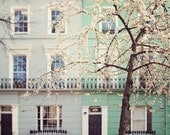London Photography, Blossoms, Notting Hill, Mint Green, Home Decor, Wall Art, Print, Windows - I Love London in the Springtime