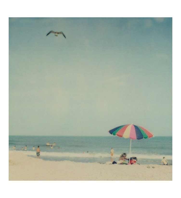 Beach photograph - Sunshiny day - Fine art polaroid photo in retro colors - Umbrella, aqua, picnic, summer vacation