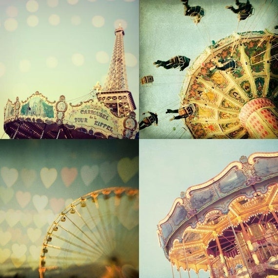 Carnival Photos, Nursery Art, Summer Fair, Ferris Wheel, Merry-Go-Round - Carnivale - Set of four 5x5 prints