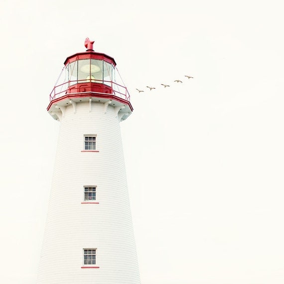 Nautical Decor, Lighthouse Photograph, Ocean, Sea, White, Red, Summer, July 4, Beach, Minimal Fine Art Print - To the Lighthouse