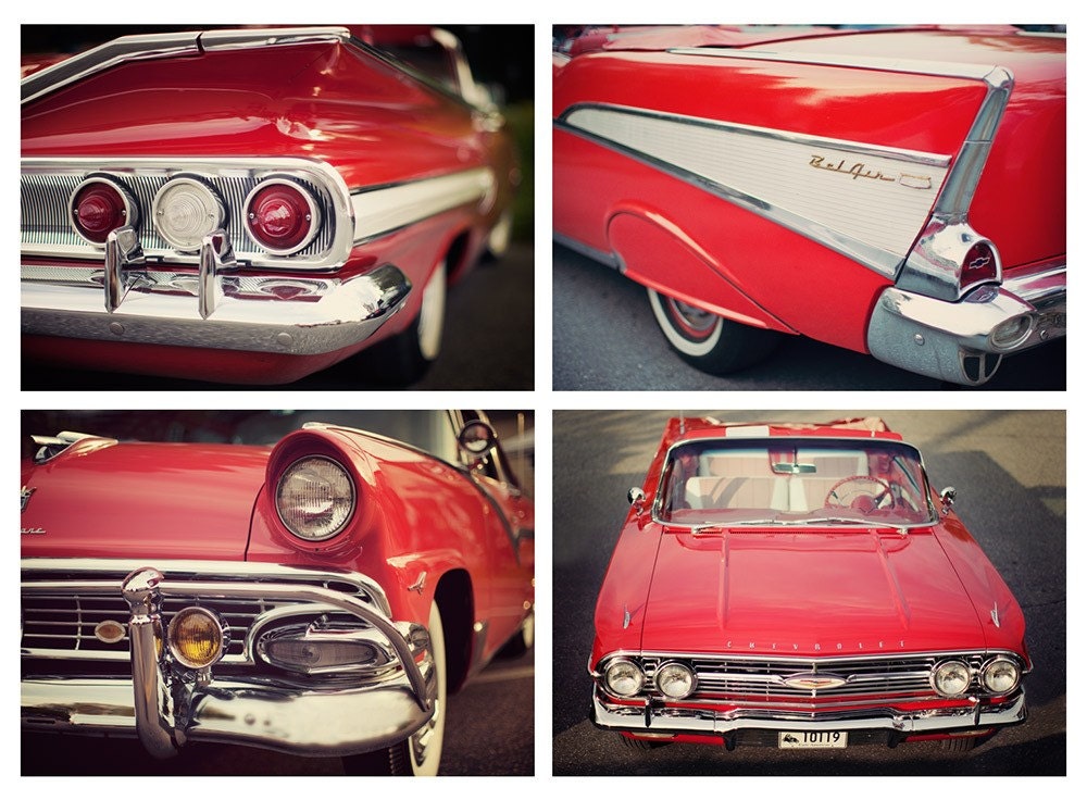 Candy Apple Red Vintage Car Photos, Retro, Fine Art Photography, Father's Day, July 4, Red and White - Zoom zoom - Set of four 5x7 prints