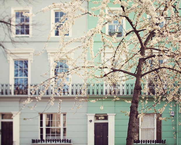 London Photography, Blossoms, Notting Hill, Mint Green, Home Decor, Wall Art, Print, Windows - I Love London in the Springtime