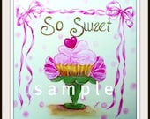 Cupcake nursery art pink ribbon girly bedroom baby girl sweet print bedroom kitchen wall decor