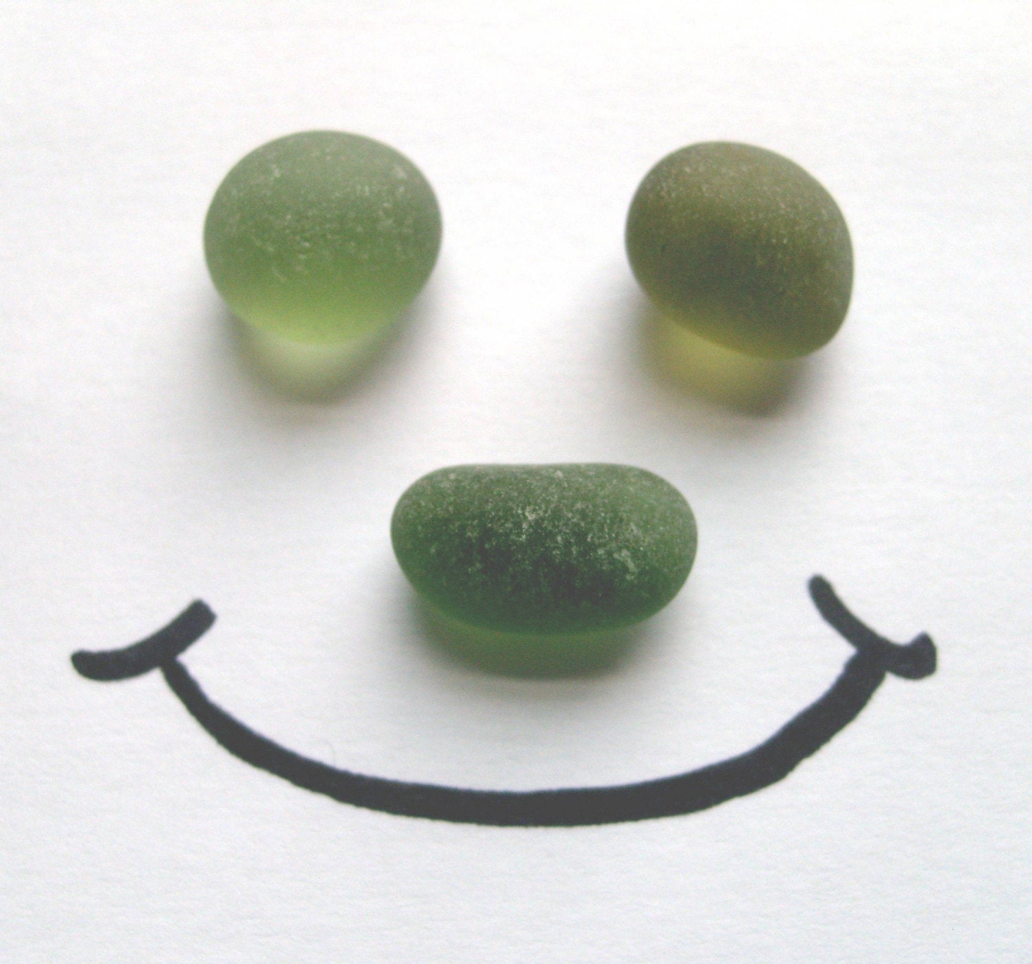 SMILEY FACE Lake Erie Beach green jelly bean egg genuine sea glass trio by Lebg Yart