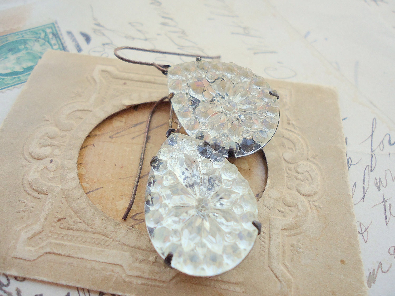 CIJ Fountainglass. shabby vintage bridal earrings mercury glass.