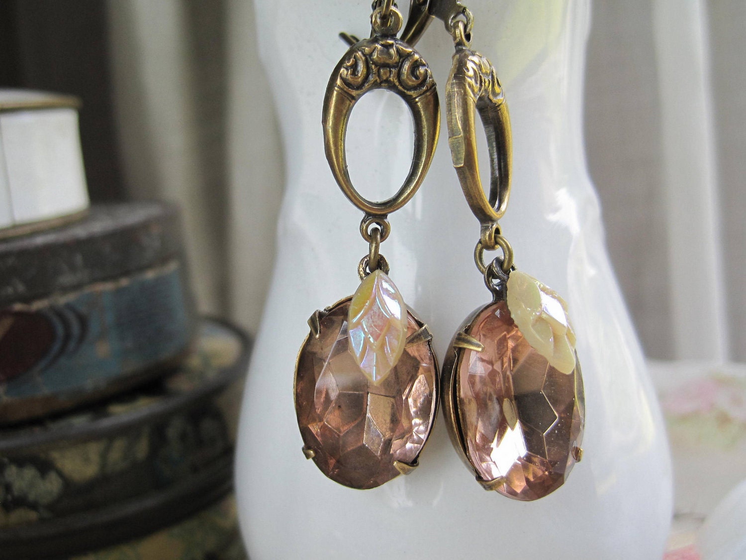 Dusk. deco, grey, pink, antiqued, vintage, rhinestone earrings.assemblage jewelry by SacredCake on Etsy