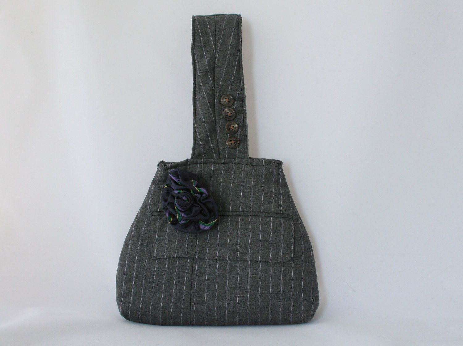 Gray Pink Pinstripe Wristlet Upcycled from a Suit